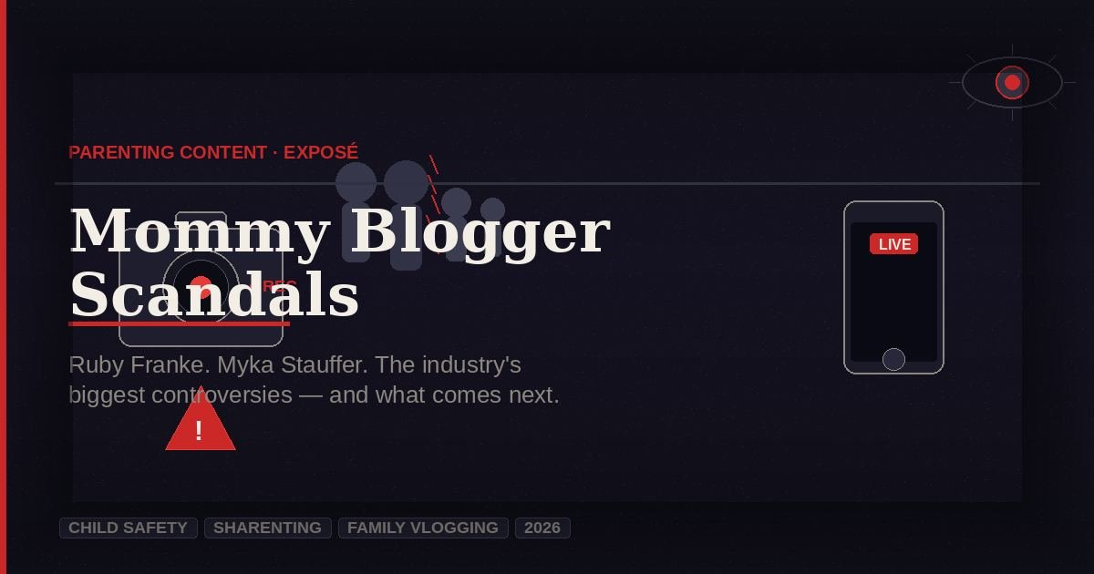 Mommy blogger scandals — camera, warning triangle, and family silhouette on dark editorial background