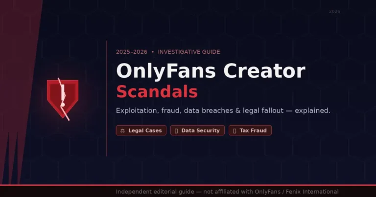 OnlyFans creator scandals guide — broken shield icon with headline text on dark editorial background