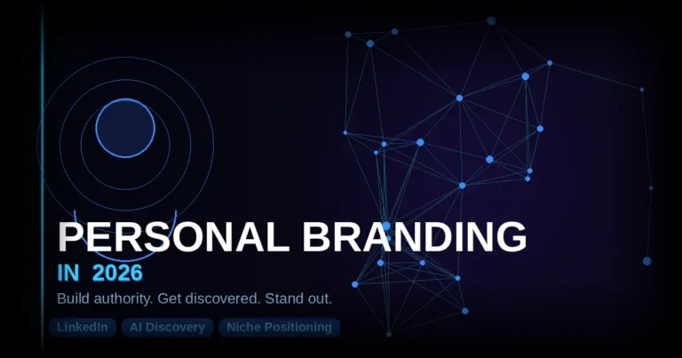 Personal branding in 2026 — stylized profile silhouette with digital network nodes and LinkedIn strategy visual