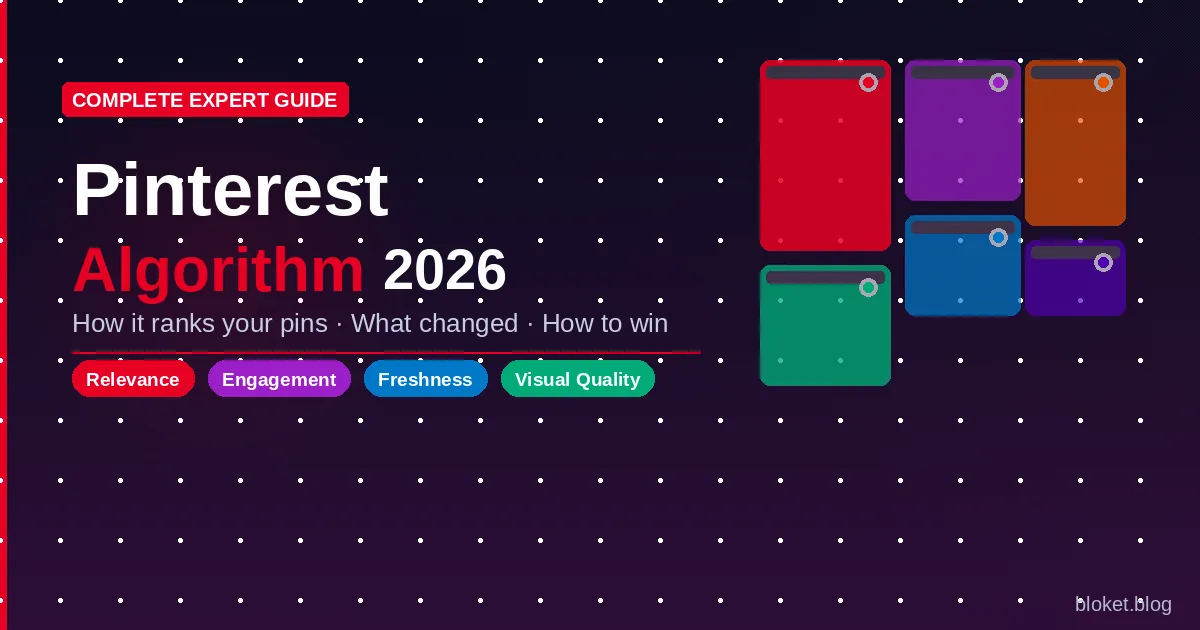 Pinterest algorithm 2026 guide showing four core ranking signals: relevance, engagement, freshness, visual quality