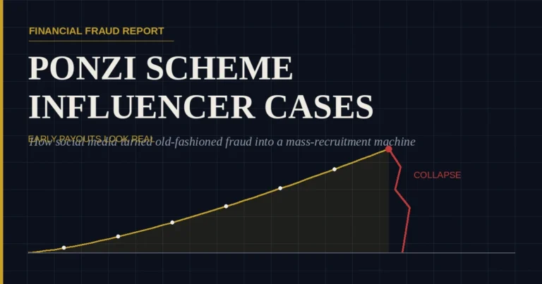 Ponzi scheme influencer cases chart showing a rising payout curve collapsing to zero