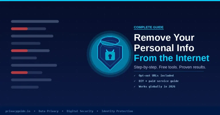 Remove personal info from internet — shield icon with locked padlock and redacted data lines