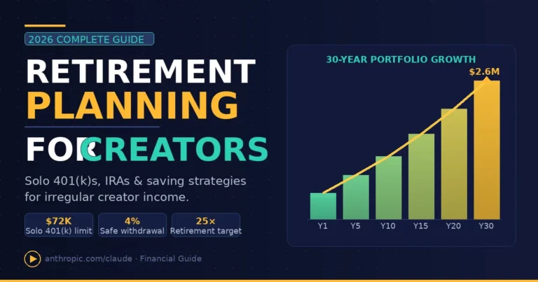Retirement planning for creators infographic showing 30-year portfolio growth reaching $2.6M, with Solo 401(k) $72K limit, 4% safe withdrawal rate, and 25x retirement target stats.