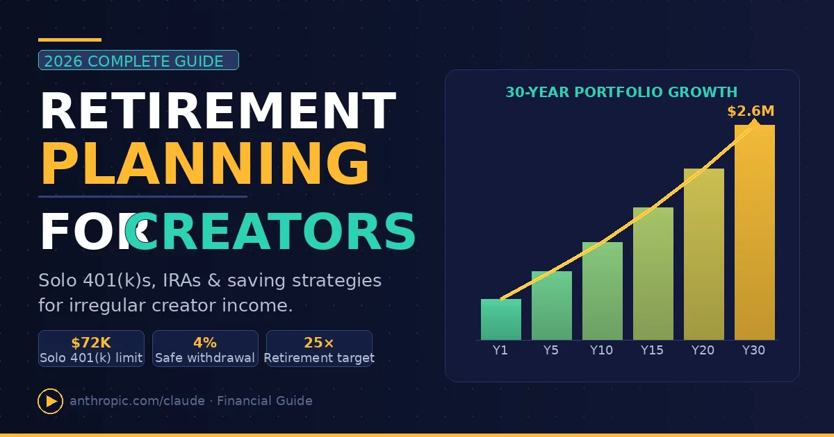 Retirement planning for creators infographic showing 30-year portfolio growth reaching $2.6M, with Solo 401(k) $72K limit, 4% safe withdrawal rate, and 25x retirement target stats.