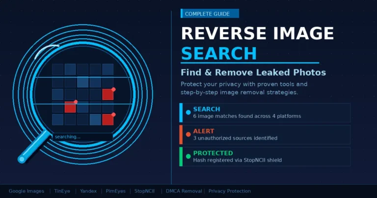 Reverse image search leaked photos — magnifying glass scanning pixel grid with flagged matches and privacy status cards