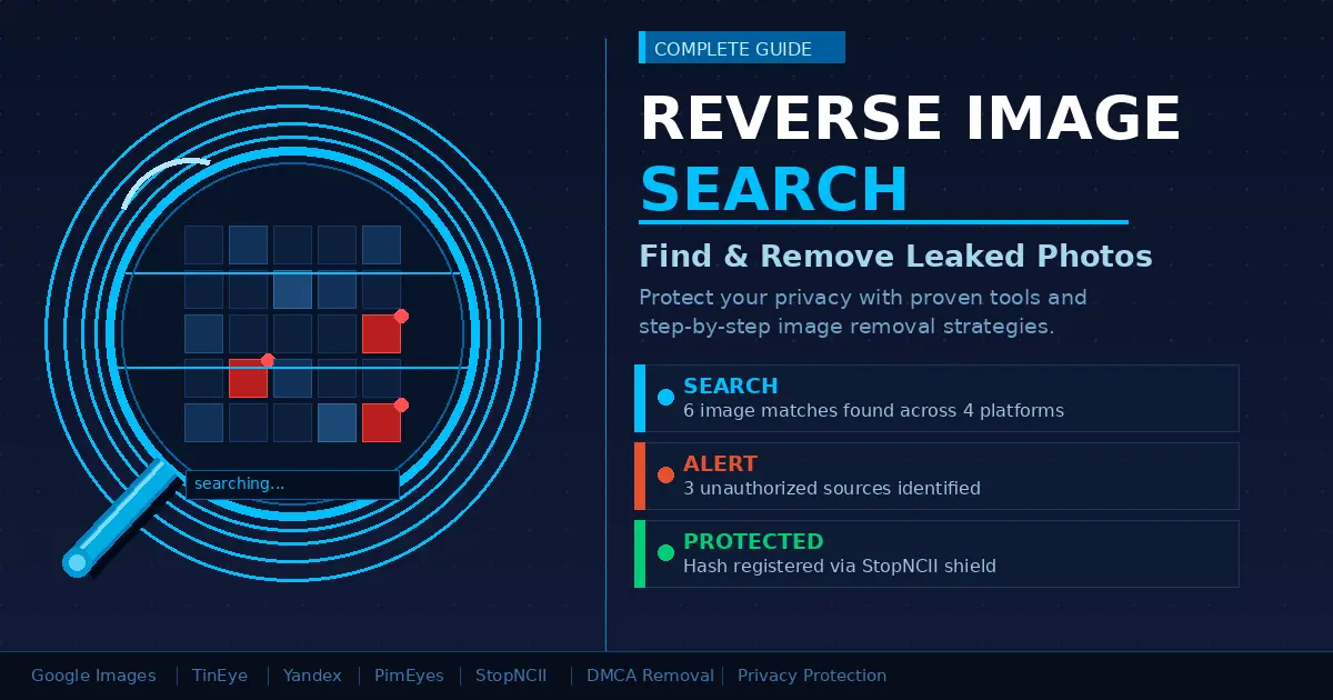 Reverse image search leaked photos — magnifying glass scanning pixel grid with flagged matches and privacy status cards