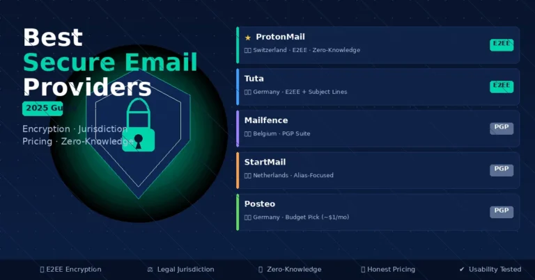Secure email providers comparison showing ProtonMail, Tuta, Mailfence, StartMail, and Posteo with encryption badges
