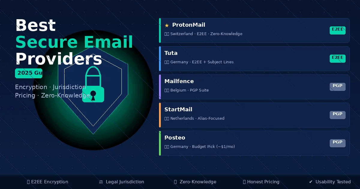 Secure email providers comparison showing ProtonMail, Tuta, Mailfence, StartMail, and Posteo with encryption badges
