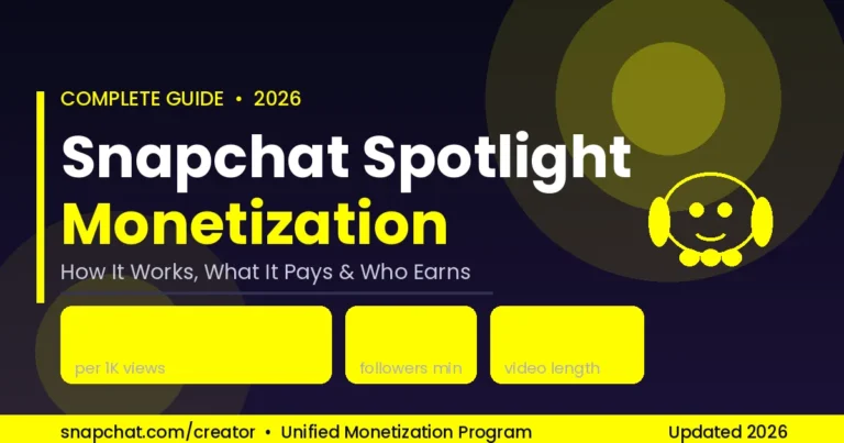 Snapchat Spotlight monetization guide 2026 showing earnings of $0.10–$0.30 per 1,000 views and key requirements