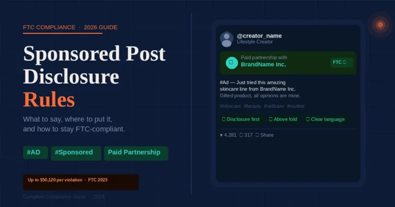 Sponsored post disclosure rules — FTC compliance badge and paid partnership label on a social media post mockup