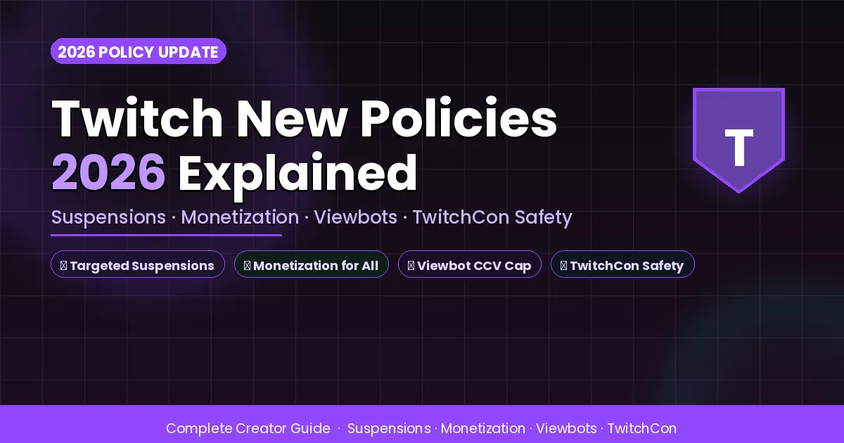 Twitch new policies 2026 — suspension types, monetization tools, viewbot caps, and TwitchCon safety rules explained