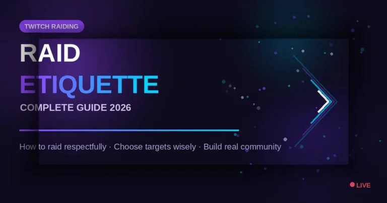 Twitch raid etiquette guide — bold purple graphic showing raid chevrons and community viewer dots