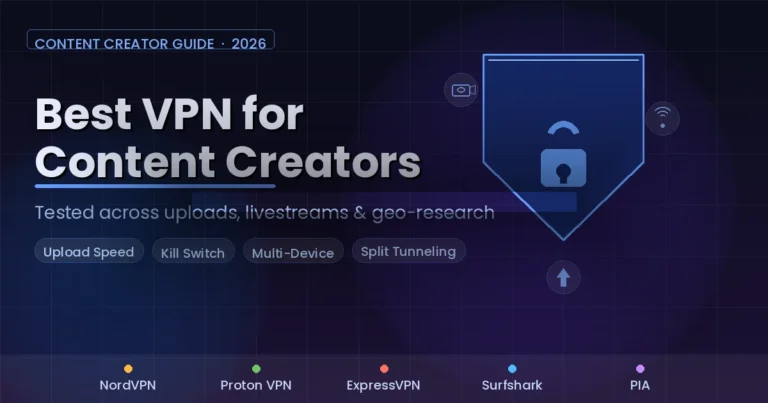 VPN for content creators shield graphic with NordVPN Proton ExpressVPN Surfshark PIA