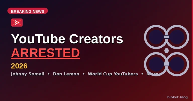 YouTube creators arrested in 2026 — handcuffs graphic with names including Johnny Somali and Don Lemon