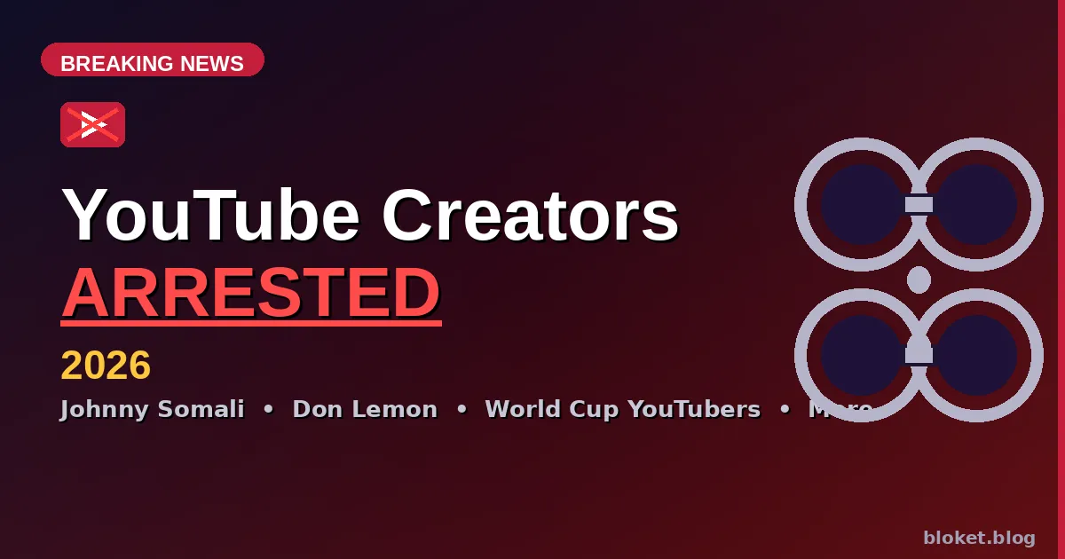 YouTube creators arrested in 2026 — handcuffs graphic with names including Johnny Somali and Don Lemon