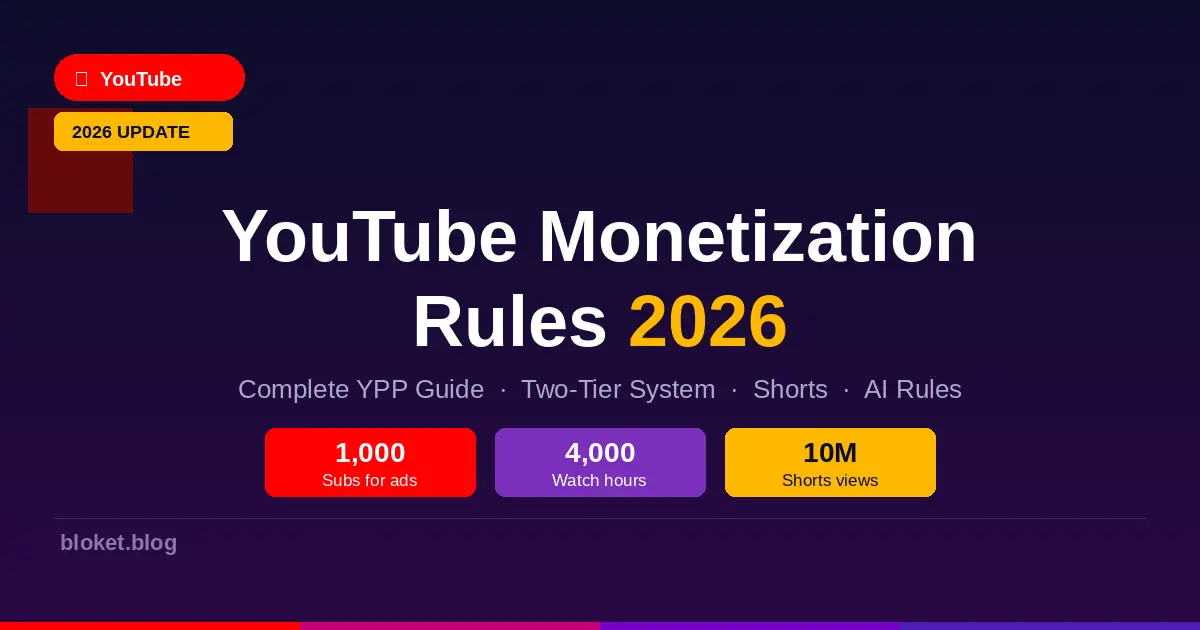 YouTube monetization rules 2026 guide showing YPP requirements and Shorts thresholds