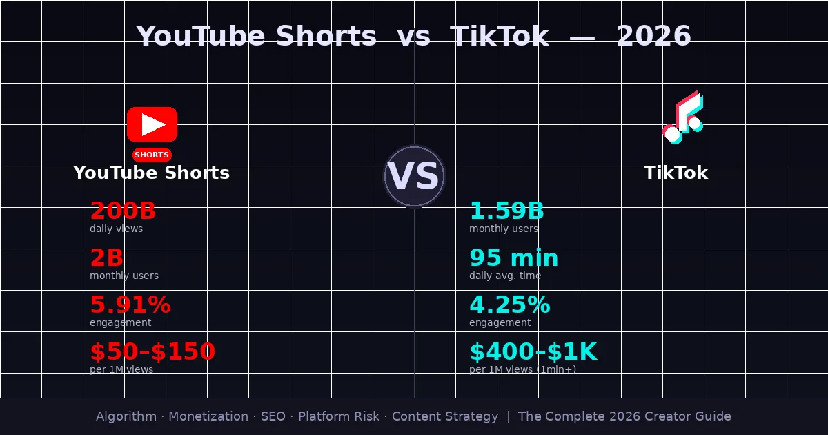 YouTube Shorts vs TikTok 2026 comparison showing key stats for both platforms side by side